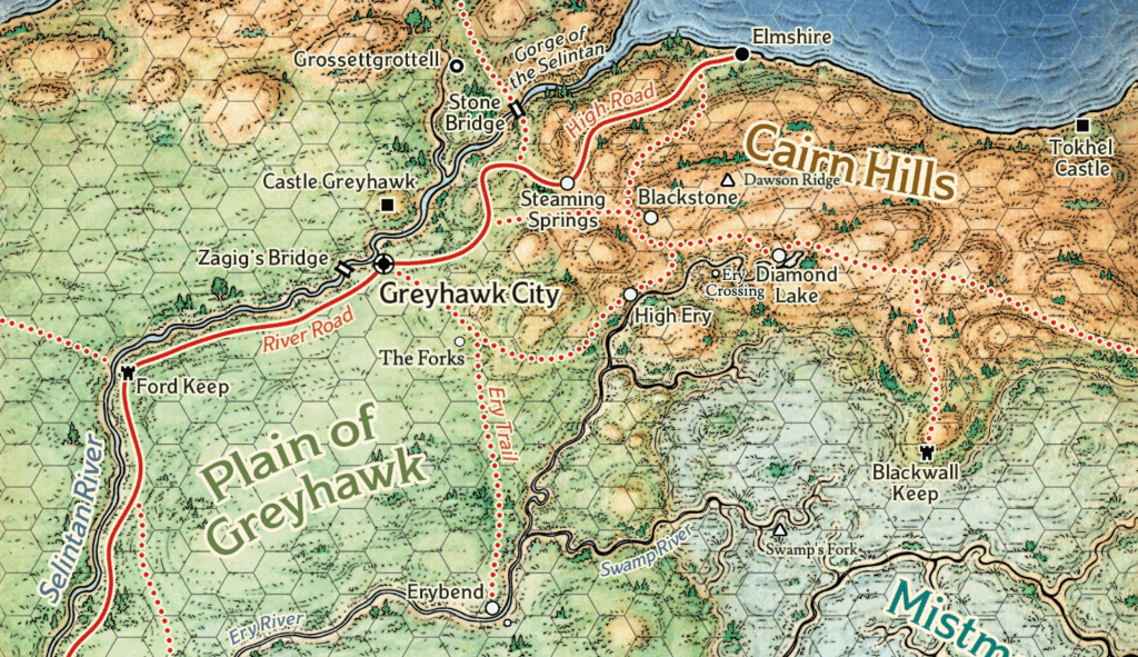 A color map of the region surrounding Greyhawk City, including the green fields of the Plain of Greyhawk, the tan mounds reflecting the Cairn Hills, and the pale blue-green of the Mistmarsh swamp