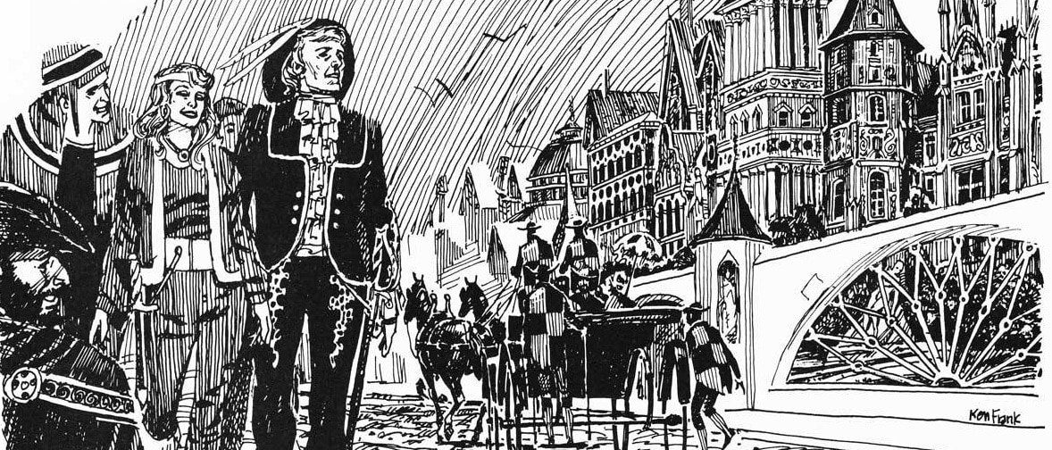 Medieval nobles stand in the foreground, while horses and a carriage appear in the mid-ground. In the distance is an ancient city.