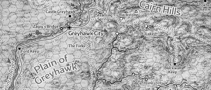 A black and white map of the region around Greyhawk City, including the nearby rivers, plain, and hills.