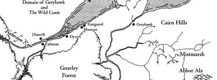 A black and white map of the region surrounding the Free City of Greyhawk